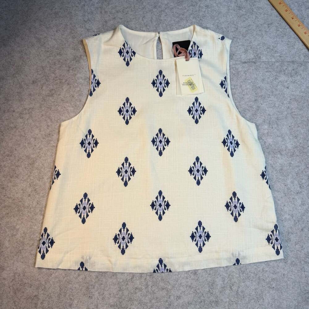 Alex Marie Remi Blouse Size M Ivory Blue Printed Sleeveless
